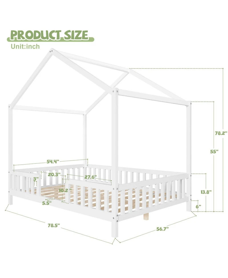 Streamdale Furniture Montessori Floor Bed with Canopy, Full Size House Shape Toddler Bed Frame