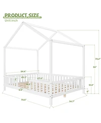 Streamdale Furniture Montessori Floor Bed with Canopy, Full Size House Shape Toddler Bed Frame