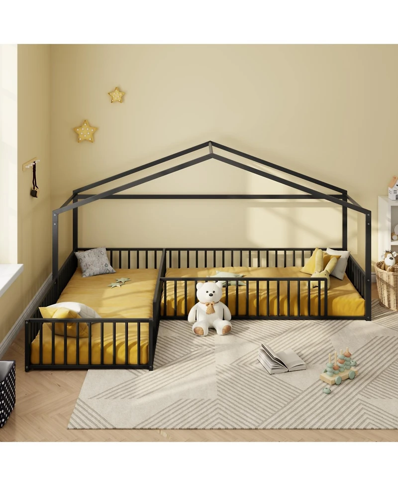 Streamdale Furniture Streamdale Metal L-Shaped Montessori House Bed Frame for 2 Kids, Black