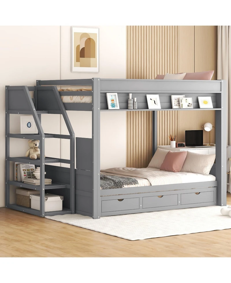 Streamdale Furniture Streamdale Wood Convertible Bunk Bed w/ Storage Stairs & 3 Drawers, Gray