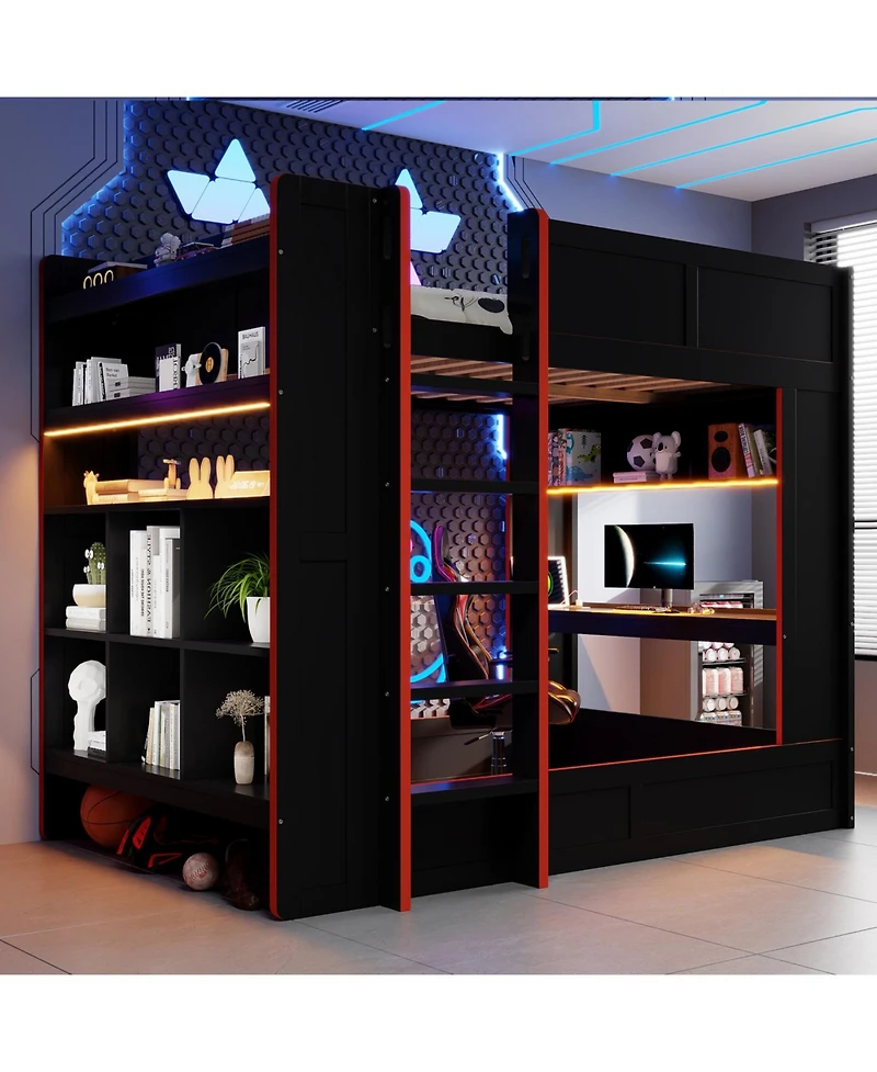 Streamdale Furniture Wood Gaming Bunk Bed with Desk, Storage, Led & Charging Station