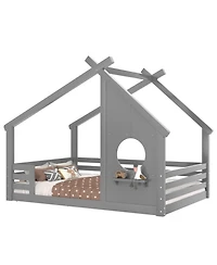 Streamdale Furniture Full House Floor Bed with Window & Shelf, Solid Wood, Grey