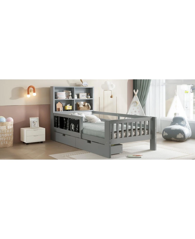 Streamdale Furniture Streamdale Twin Platform Bed with Chalkboard, Storage Drawers & Shelves, Gray