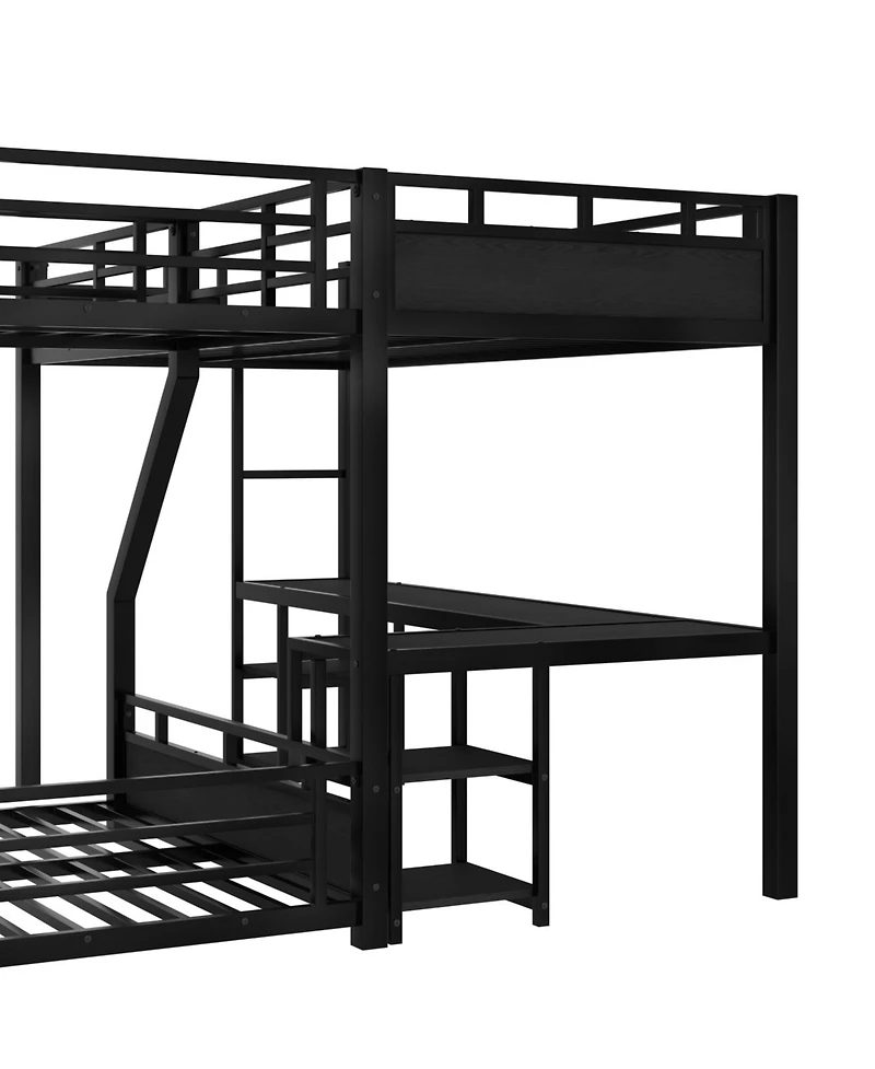 Streamdale Furniture L-Shaped Metal Bunk Bed (Twin Xl/Queen) w/ Loft, Desk, Shelves, Slide - Black