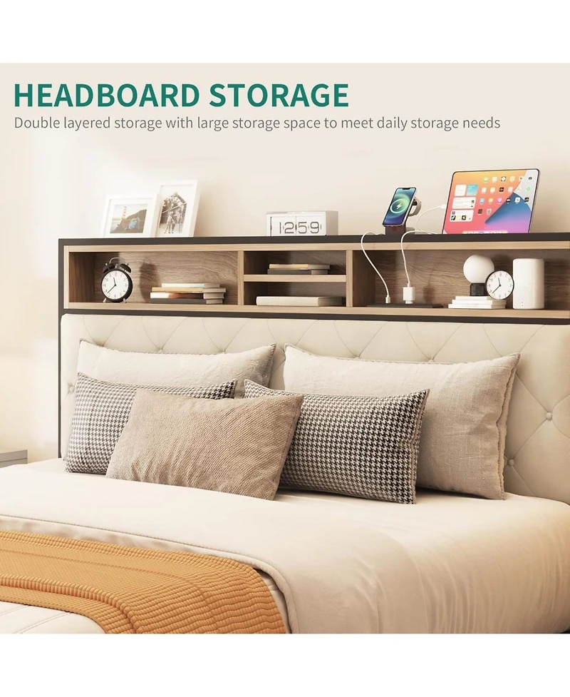 Streamdale Furniture Queen Size Upholstered Platform Bed Frame with Charging Station - Beige