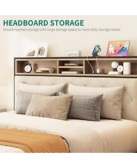 Streamdale Furniture Queen Size Upholstered Platform Bed Frame with Charging Station - Beige