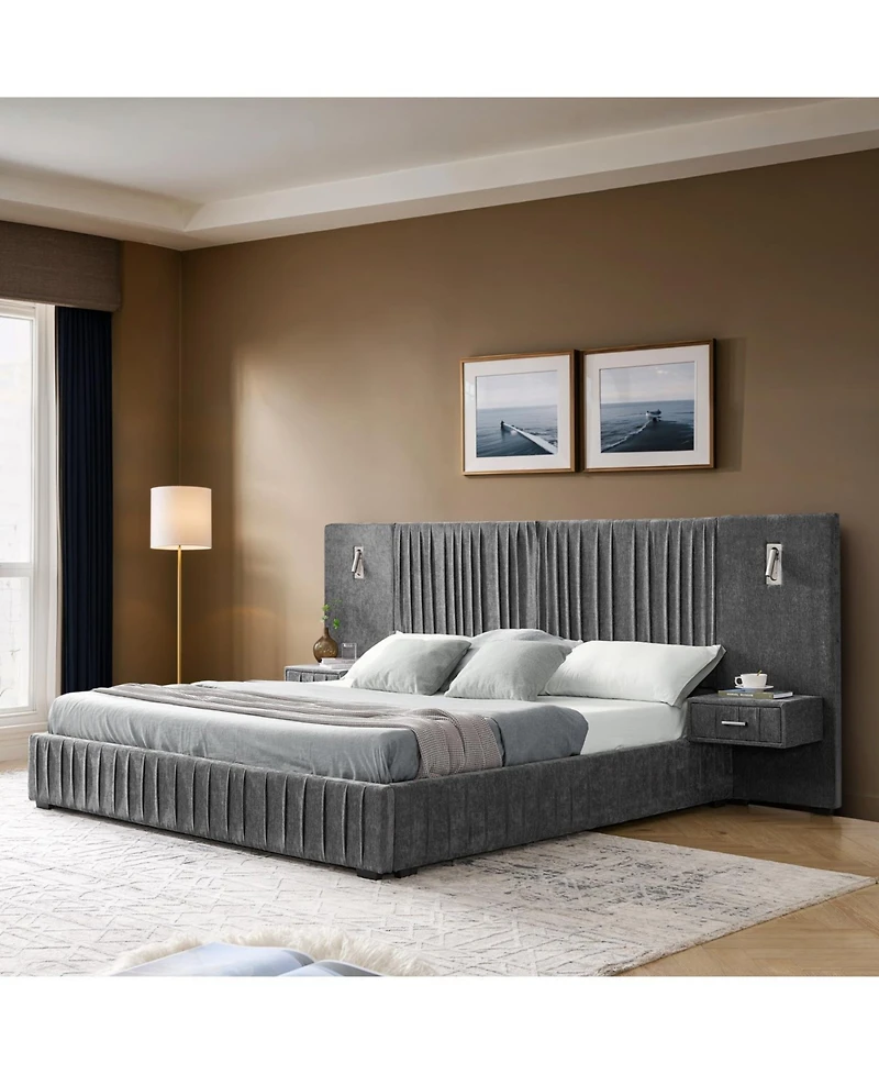 Streamdale Furniture Queen Size Chenille Upholstered Bed Frame with Pleated Design - Dark Grey