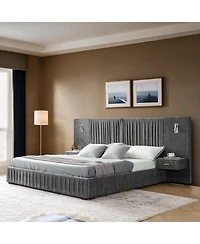 Streamdale Furniture Queen Size Chenille Upholstered Bed Frame with Pleated Design - Dark Grey