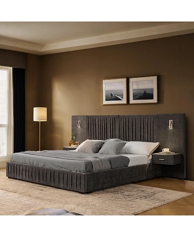 Streamdale Furniture Queen Size Chenille Upholstered Bed Frame with Pleated Design - Dark Grey