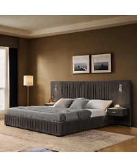 Streamdale Furniture Queen Size Chenille Upholstered Bed Frame with Pleated Design - Dark Grey