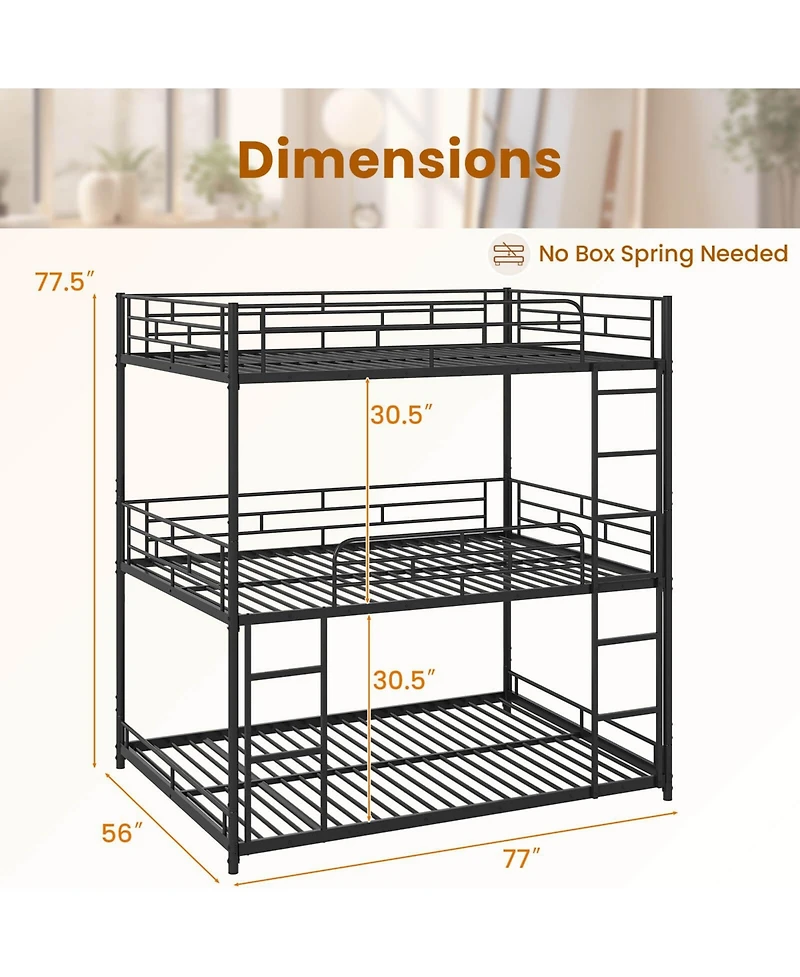 Costway Full Over Full Over Full Metal Bed Frame Heavy-Duty Triple Bunk Bed w/Dual Ladders