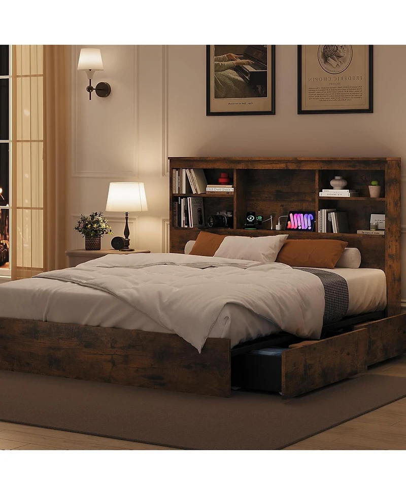 gaomon Queen Bed with Bookcase Headboard & 4 Drawers, Wood Platform Frame with Charging Station, Noise-Free, Gray