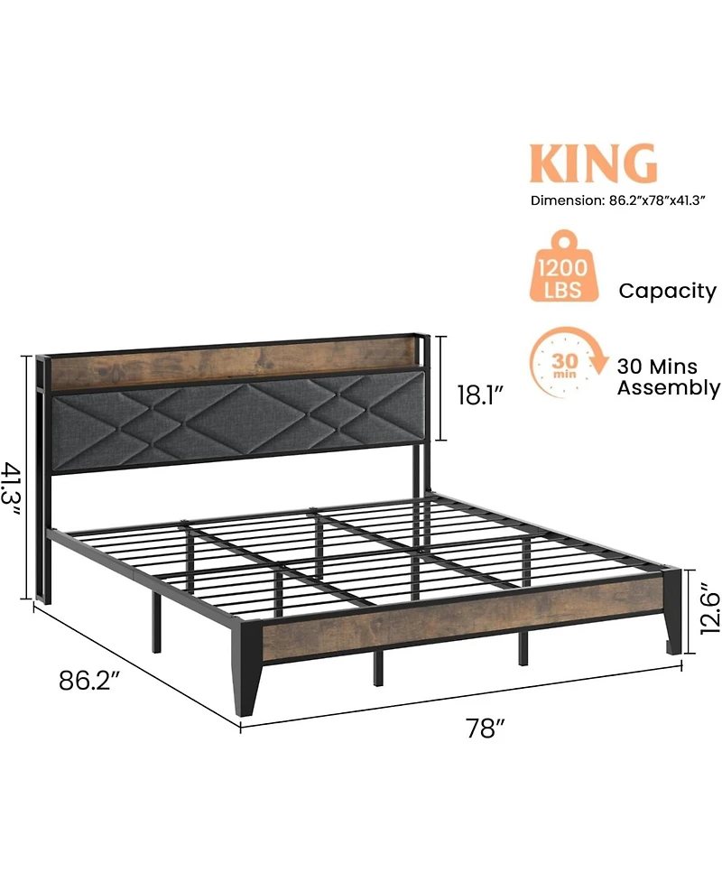 gaomon Metal Platform Bed Frame with Charging Station, Tufted Headboard, Storage Shelf & Steel Slats