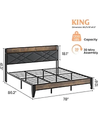 gaomon Metal Platform Bed Frame with Charging Station, Tufted Headboard, Storage Shelf & Steel Slats