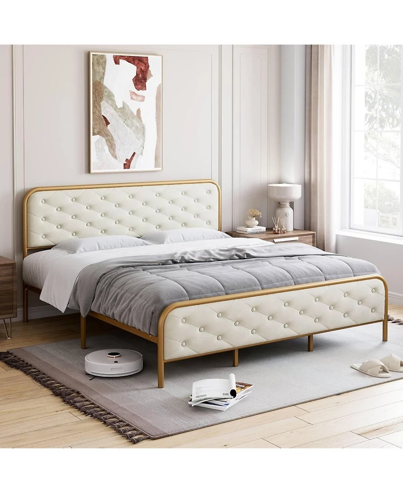 gaomon Velvet Upholstered Platform Bed Frame with Curved Button-Tufted Headboard, Golden Base and Sturdy Wood Slat Support