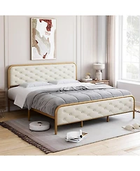 gaomon Velvet Upholstered Platform Bed Frame with Curved Button-Tufted Headboard, Golden Base and Sturdy Wood Slat Support