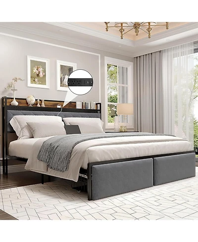 gaomon Velvet Upholstered Platform Bed Frame with Curved Button-Tufted Headboard, Golden Base and Sturdy Wood Slat Support