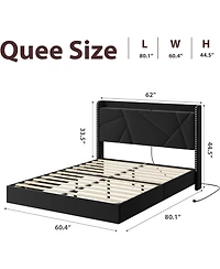 Gaomon Floating Bed Frame, Suspended Bed with Rgb Led Lights and Charging Station, Upholstered Bed Frame with Storage Headboard and Button Tufted