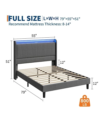 gaomon Bed Frame with Charging Station & Led Lights, Modern Platform Bed with Wooden Slats, Upholstered Headboard, No Box Spring