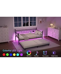 gaomon Twin Daybed with Pop-Up Trundle & Charging Station, Pull Out Bed Frame, Metal Sofa