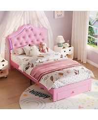 gaomon Twin Velvet Upholstered Platform Bed with Led Lights, Crystal Button Headboard, Storage Drawer, Noise-Free, No Box Spring Needed