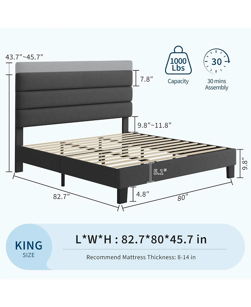 gaomon King Size Platform Bed Frame with Adjustable Headboard, Linen Upholstery, Wood Slats, No Box Spring Needed