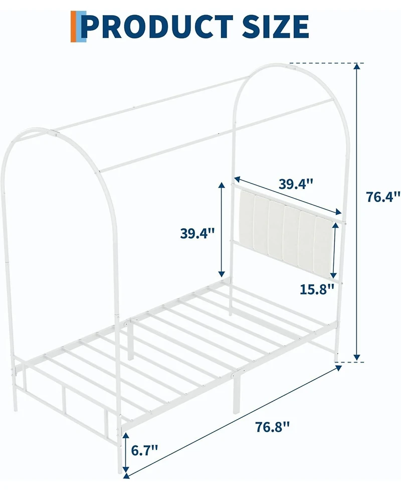 Twin Size Canopy Bed Frame with Upholstered Headboard, Underbed Storage, Decorative Arched Metal, White