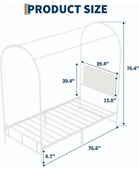 Twin Size Canopy Bed Frame with Upholstered Headboard, Underbed Storage, Decorative Arched Metal, White