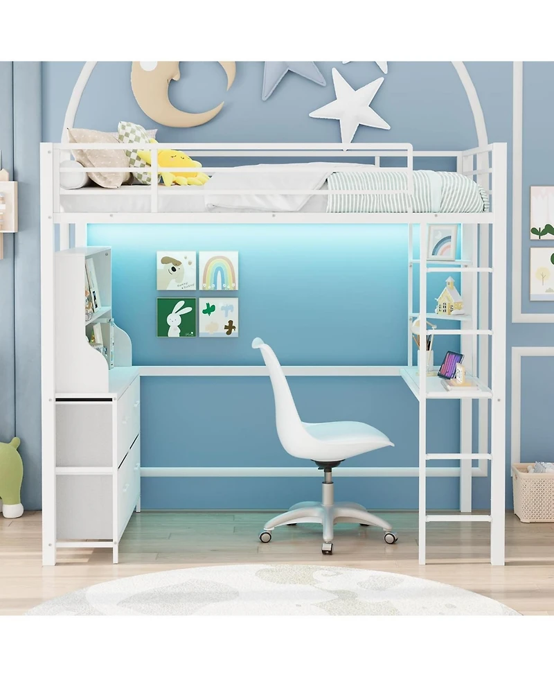 gaomon Twin Size Loft Bed with Desk, Storage Shelves, Led Lights, Safety Guardrail, Ladder, Steel Slats