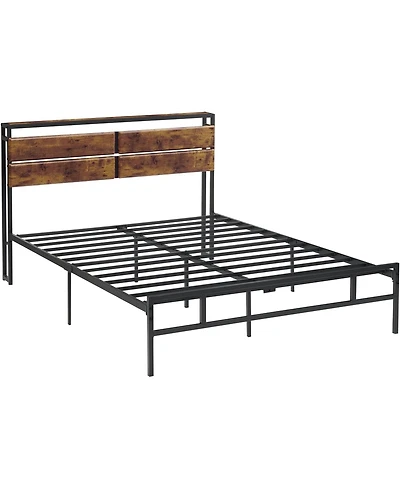 gaomon Full Size 14 Inch Metal Bed Frame with Wooden Headboard & Storage Platform Rustic Vintage Wood
