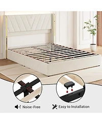 gaomon Queen Size Bed Frame with Led Headboard Storage Metal Frame Wood Slat Support No Box Spring Needed Heavy Duty Beige