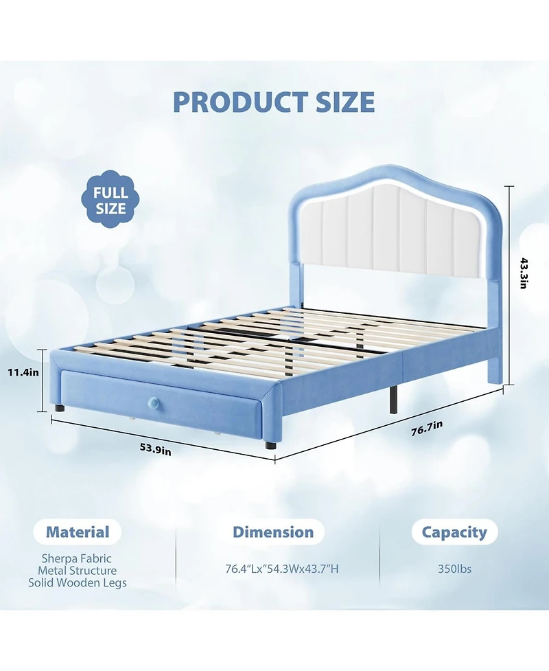 gaomon Full Size Upholstered Led Bed Frame with Storage Drawer Velvet Platform for Kids Wooden Slats No Box Spring Blue