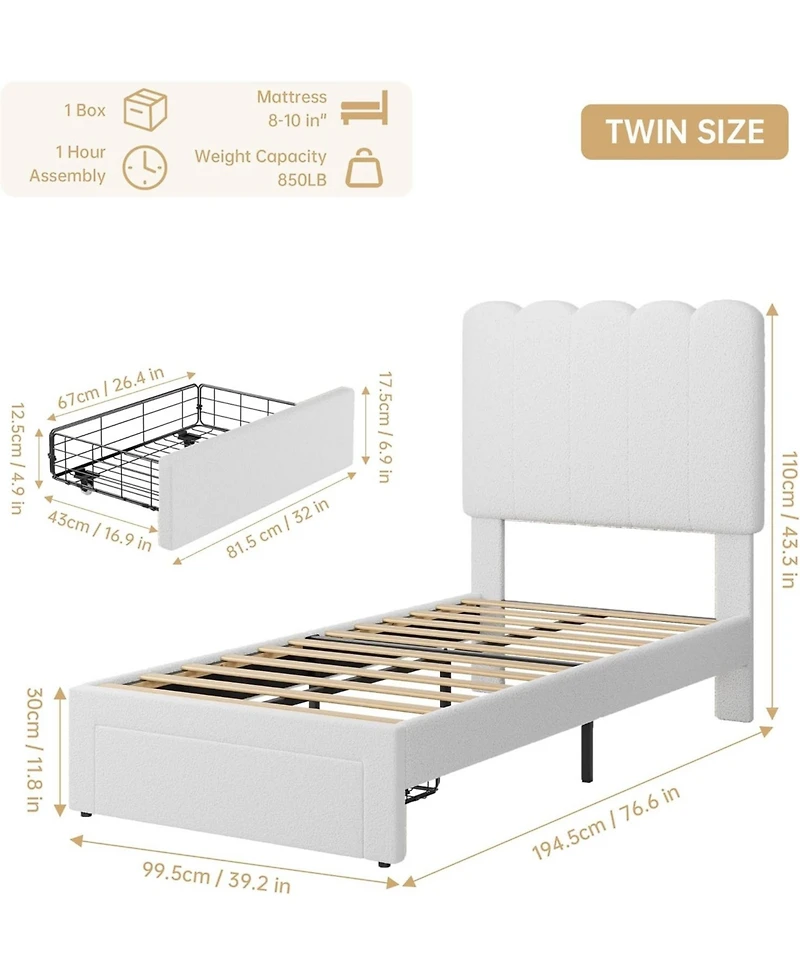 gaomon Twin Size Bed Frame with Storage Drawer Boucle Upholstered Platform Bed Headboard