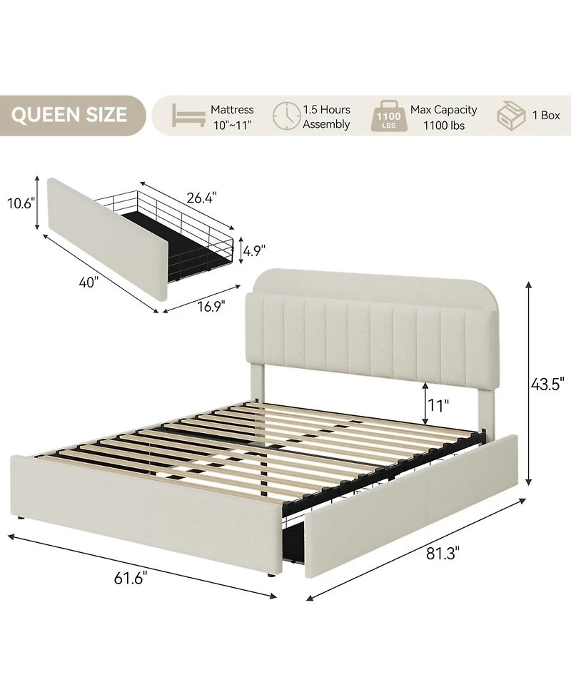 gaomon Queen Size Boucle Upholstered Platform Bed Frame with Storage Headboard Bookcase 2 Drawers for Girls No Box Spring Beige