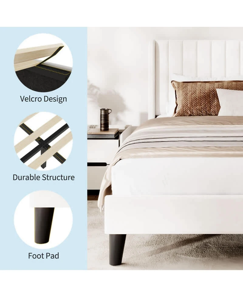 gaomon Full Size White Velvet Platform Bed Frame Channel Tufted Wingback Headboard Upholstered Wood Slats No Box Spring