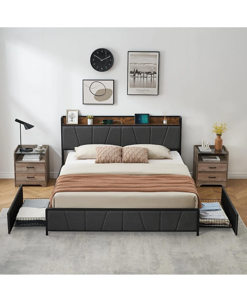 gaomon King Size Bed Frame with 2 Storage Drawers and Charging Station, Rustic Linen Upholstered Platform Bedframe