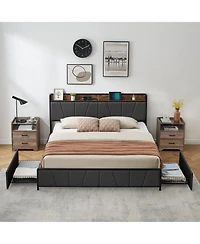gaomon King Size Bed Frame with 2 Storage Drawers and Charging Station, Rustic Linen Upholstered Platform Bedframe