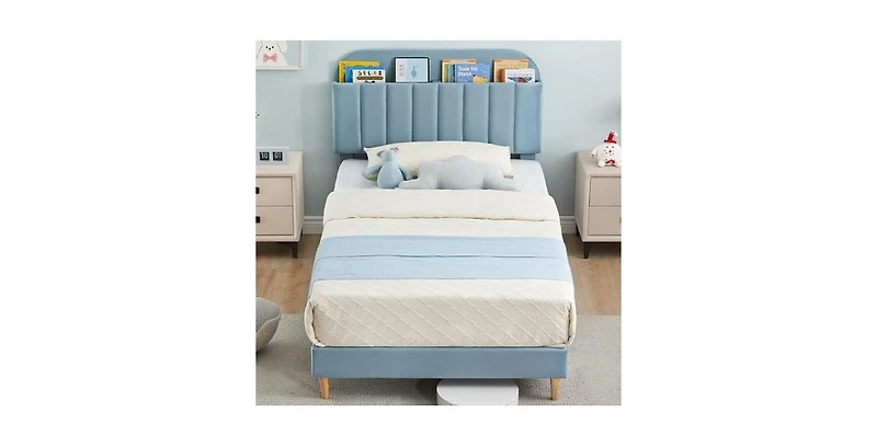 gaomon Twin Bed Frames, Upholstered Platform Bed Frame with Bookcase Headboard, Velvet Platform Bed Mattress Foundation