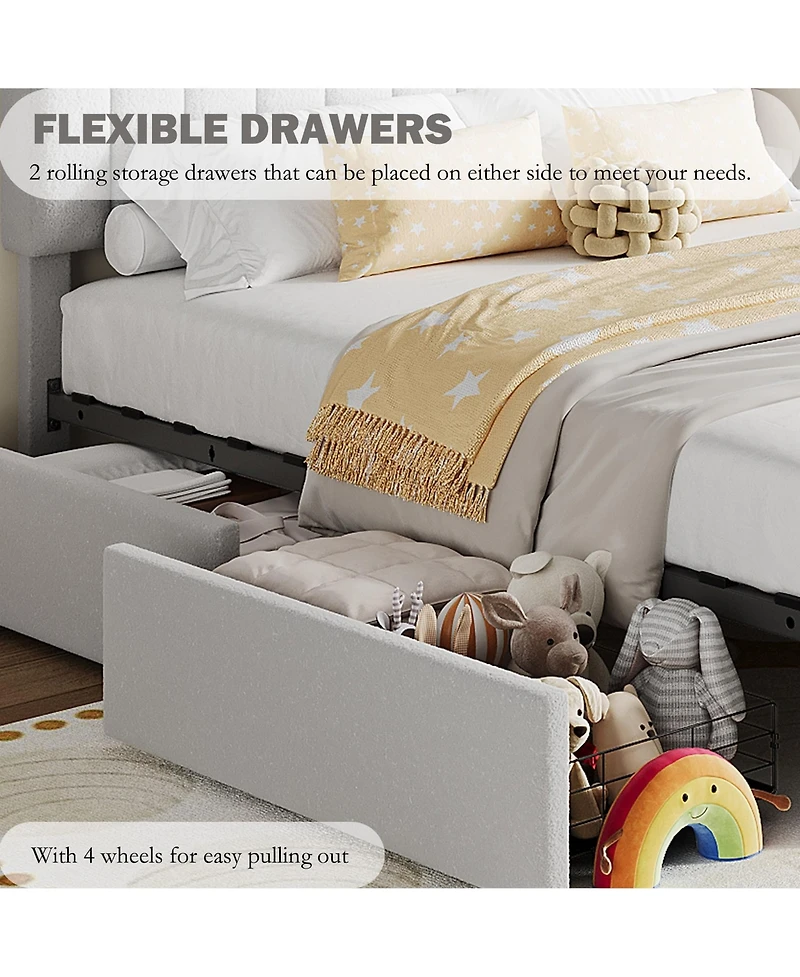 gaomon Queen Bed Frame with 2 Flexible Drawers and Bookcase Headboard, Boucle Upholstered Platform Bed for Boys/Girls