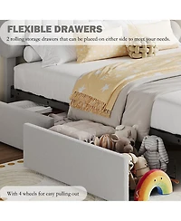 gaomon Queen Bed Frame with 2 Flexible Drawers and Bookcase Headboard, Boucle Upholstered Platform Bed for Boys/Girls
