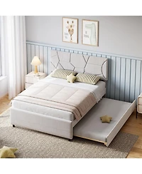 gaomon Trundle Bed, Full Size Upholstered Platform Bed Frame, Pull Out Bed with Headboard, Wood Slat Support