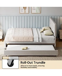 gaomon Trundle Bed, Queen Size Upholstered Platform Bed Frame, Pull Out Bed with Headboard, Wood Slat Support
