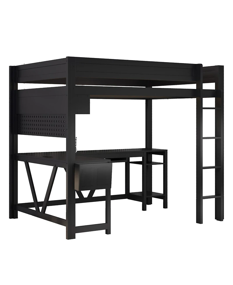 Flynama Wood Full Size Gaming Loft Bed w Built In Desk Charging Station Led Lighting Storage Shelves Multifunctional Modern Living Spaces Furniture