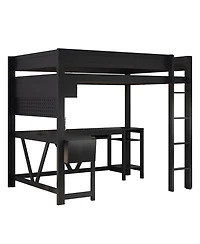 Flynama Wood Full Size Gaming Loft Bed w Built In Desk Charging Station Led Lighting Storage Shelves Multifunctional Modern Living Spaces Furniture