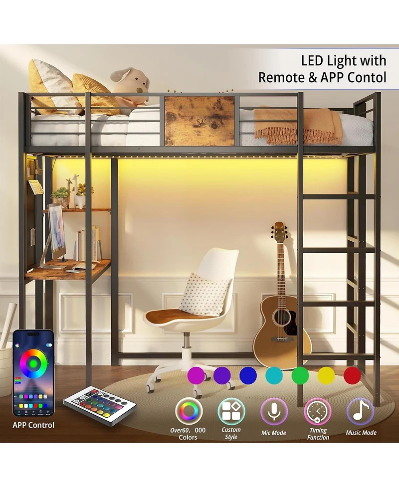 Likimio Twin Metal Loft Bed with Desk, Shelves and 2 Built-in Ladders, Power Outlet and Led Lighted, Space-Saving