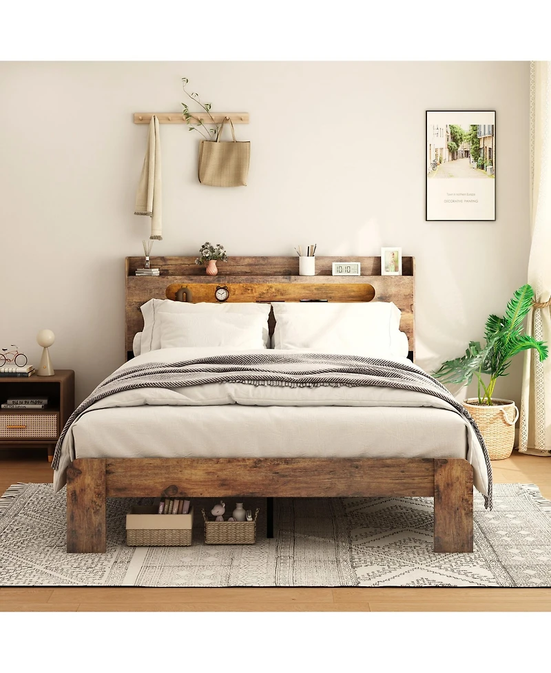 Clihome Bed Frame King Size, Wood Platform Bed Frame with Storage Led Light Headboard and 2 Usb,Large Under Bed Storag