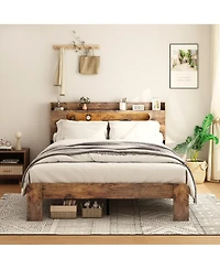 Clihome Bed Frame King Size, Wood Platform Bed Frame with Storage Led Light Headboard and 2 Usb,Large Under Bed Storag