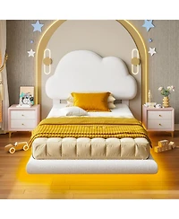 Likimio Twin Bed Frames, Floating Bed Frame with Led Light and Upholstered Headboard, Solid Wooden Slats Support