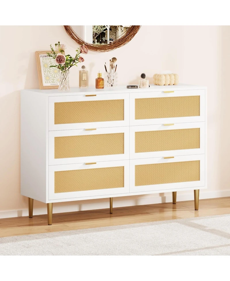 gaomon 6-Drawer Rattan Dresser, Modern Chest with Gold Legs & Handles, Wide Double Storage, Bedroom, Living Room, White