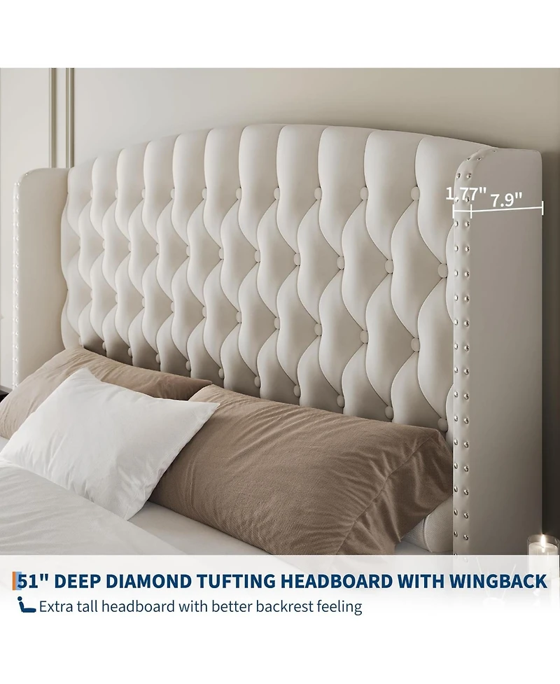 gaomon 51" Tall Queen Velvet Upholstered Platform Bed Frame with Button Tufted Wingback Headboard & Footboard, No Box Spring Needed